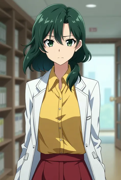 Sakurai sensei, female teacher, anime mature face, small Sharp eyes, dark green wavy hair, side pony, low tied pony tail, lab coat yellow blouse, red trousers, serious face