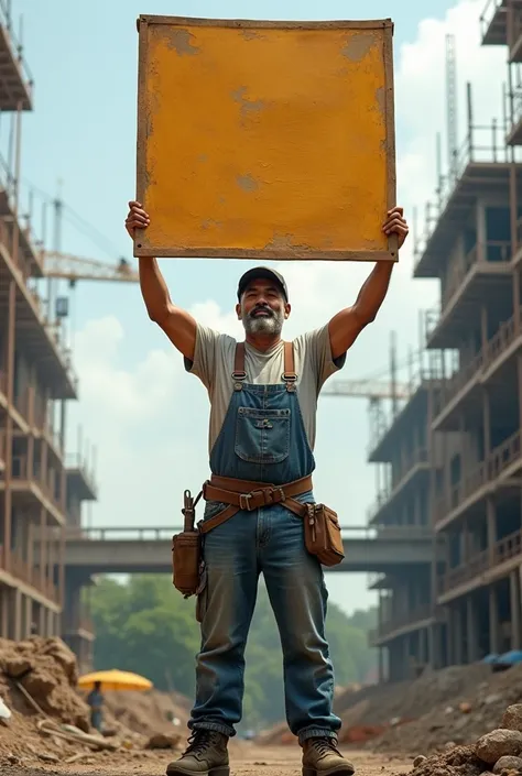 A man in Indonesia building worker is holding a large banner