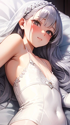 ( lying down ), Penis in front of her face,  silver hair, Wedding dress, Bare armpit ,  bare chest  ( flat chest ), (blushing cheek). Focus from below your body