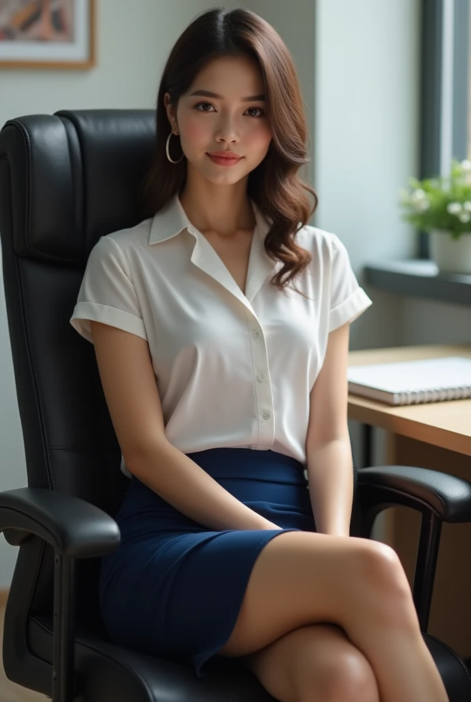 top quality、8k、30 year old female office worker 、slender woman、 realistic skin texture、 beautiful legs、 Realistic navy blue tight skirt、 sitting in a black office chair、At work