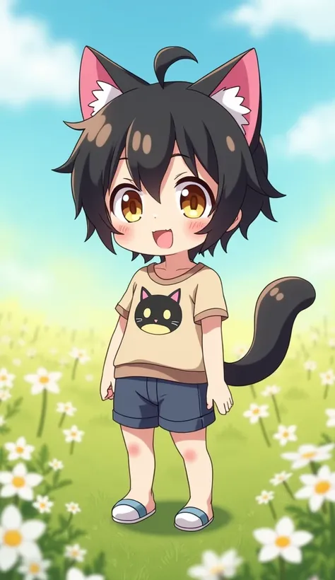 Haruto Neko ,  a kawaii boy with cat ears and a fluffy tail , Standing in a field of flowers.  His black hair with pink tips and big golden eyes reflect his curious and cheerful nature.  He wears a t-shirt with a kitten design and shorts ,  smiling as his ...