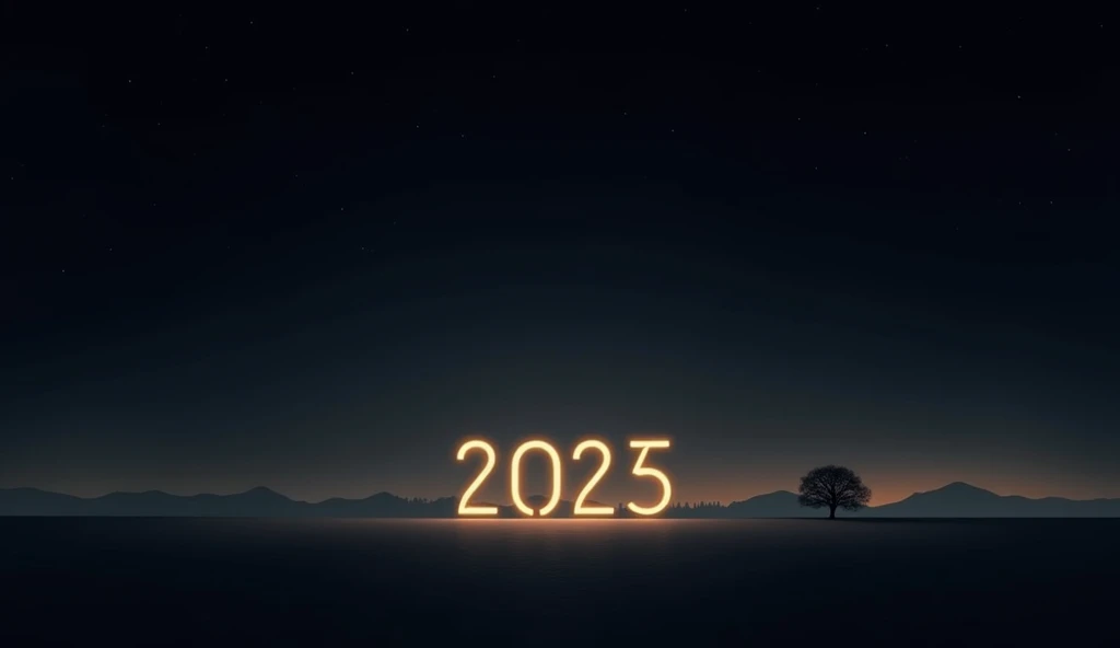 Create a realistic, minimalist New Years Eve 2025 background. The image features a simple, clean scene with a dark, nearly black sky dotted with a few faint stars. At the center, the number 2025 is subtly illuminated in sleek, modern silver or gold tones, ...