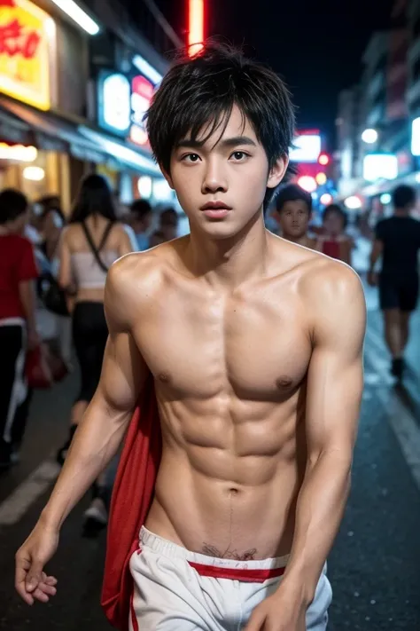 A  boy  on the walking street,young face ,young boy,cute boy, Shirtless, red and white thong,Smooth skin,, junior school student, Differential crushing cap, rough breath, Black hair, Messy hair, modern, whole body shots, hyper HD, Masterpiece, ccurate,sexy...