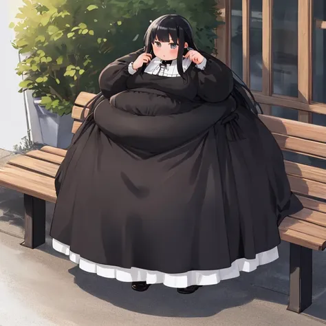 masterpiece,  best quality,Advanced Details,  long black hair ,  One Girl , bench,  very obese ,  The whole dress completely covers the body.、(black and white long sleeve dress clothes with collar gothic)、 high neck shirt、 long skirt, full body 、