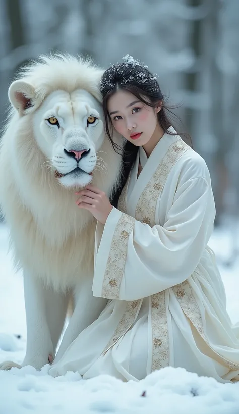 A beautiful Asian young Woman, sitting near with a male (white lion:1.2), background in snow atmosphere, magazine photography.

