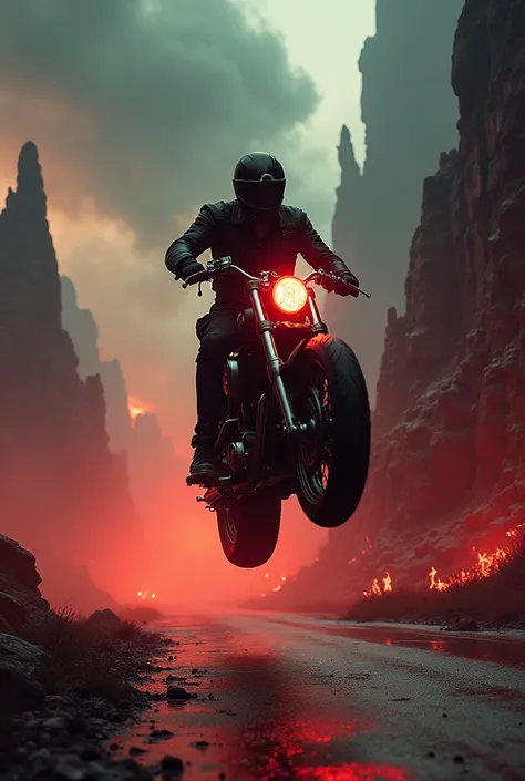 a biker stunt in a road of hell