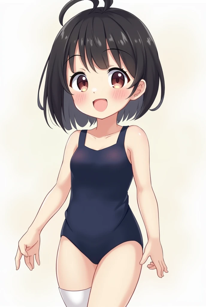 cute, girl, , 6th elementary school student, black hair, Bob- Half up-short ponytail, dark blue school swimsuit, white knee-high socks, medium bust, (((shiny skin))), blush, smile