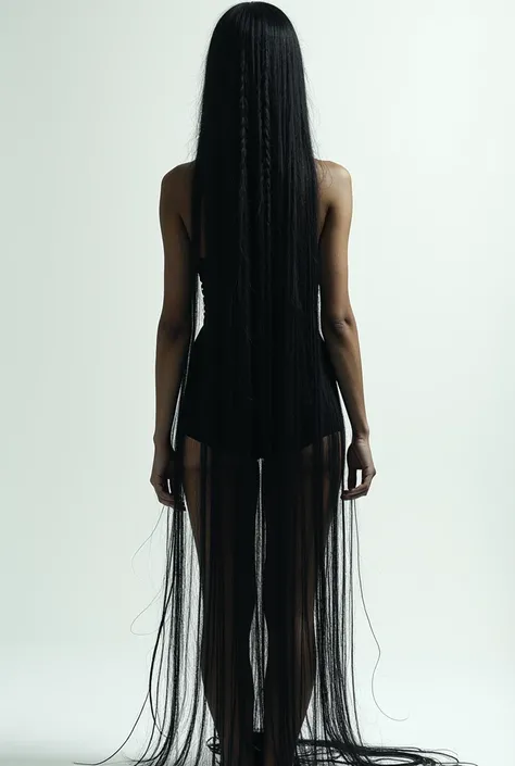 White background with a girl like Rosalia standing on her back with long hair with lots of black braids hanging on the ceiling that you cant see the face that is on her back 