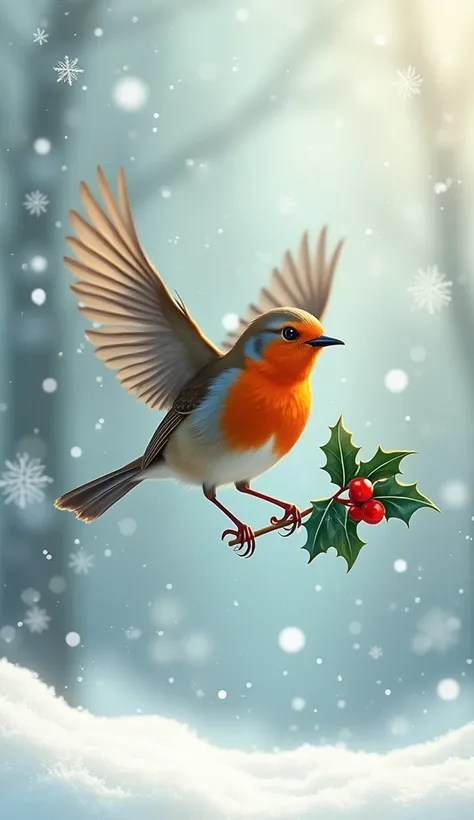 A robin flying through falling snowflakes, carrying a sprig of holly for decoration.