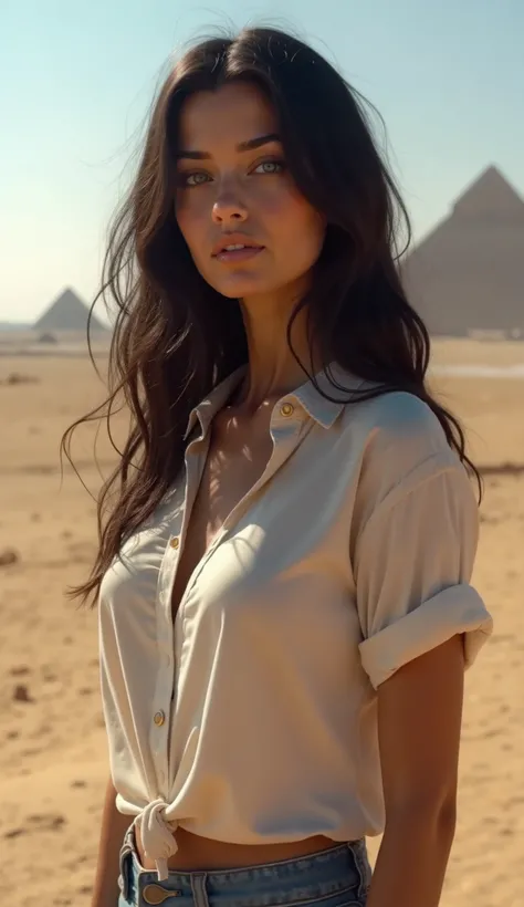 create a woman,   full body , Woman wearing a simple blouse ,  in a short shot on a tour of the Egyptian pyramids ,   black hair, pele morena,    long hair,   Big breasts  ,  Blue Eyes.
Mostre o   full body  da cabeça aos pés
Alta resolução, realism, 