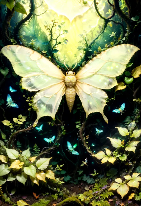 Skeletal moth, translucent leaf wings, soft night flight, plants glowing faintly, orb-like eyes, bioluminescent fungi and vines, glowing forest floor, living green and gold tapestry.