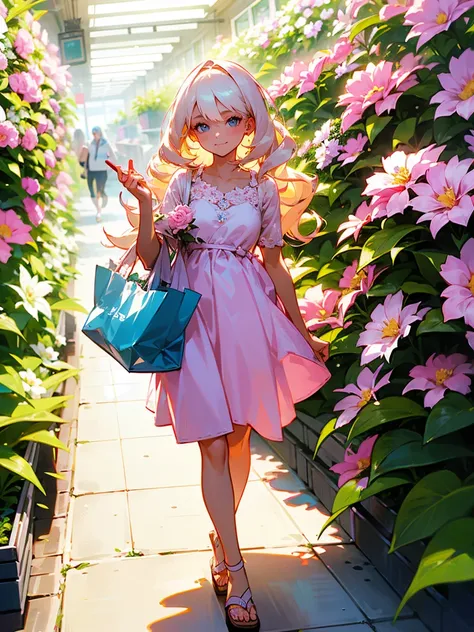 A young woman with platinum blonde hair styled in loose waves, wearing a pastel pink dress and white sandals. She’s walking through a flower shop, her face lit up with a soft smile as she picks out fresh blooms, her tote bag gently resting on her arm."

