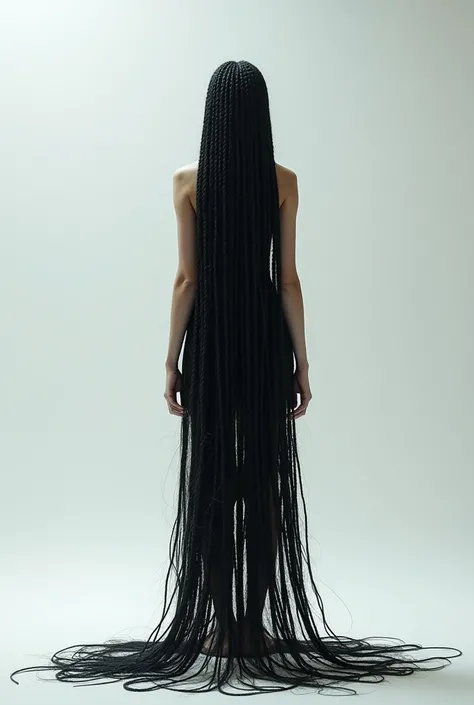 White background with a girl like Rosalia standing on her back with long hair with lots of black braids hanging on the ceiling that you cant see the face that is on her back 