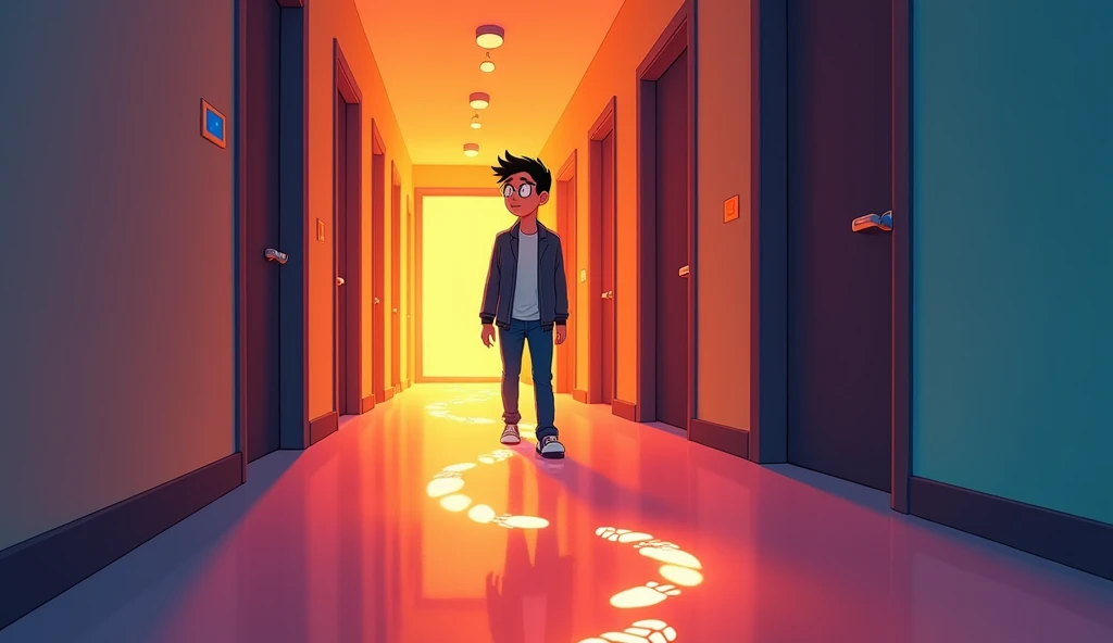 In a bright, sleek animated style with vibrant colors, show Tom walking down a well-lit apartment hallway, following faint glowing footprints. As he reaches the end, his face shifts to horror as he realizes the footprints are leading back into his own apar...