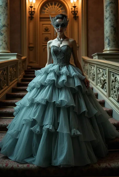 Woman wearing a layered, voluminous ball gown with big skirt, walking down a grand staircase wearing a matching eye mask. 