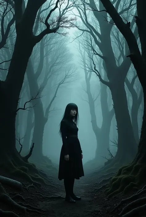 A dark forest and a girl in the middle dressed in black