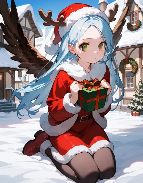 Score_9,Score_8_up,Score_7_up,highest quality, source_anime, highest quality, BREAK 1 girl,  Santa miniskirt, detailed eyes, (light blue hair:1.2), long hair, (brown eyes:1.3), (hover, wings of light:1.2), BREAK (snowy, Christmas, town), BREAK, full body