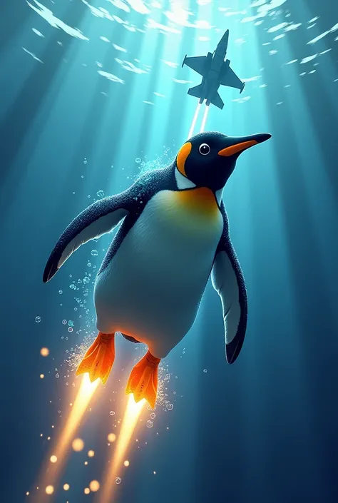 A penguin underwater with its flippers glowing like jet wings, moving at high speed with dynamic motion lines.A glowing speedometer showing "24 KM/H" next to the penguin to highlight their speed.A fighter jet faintly in the background for comparison.

2. T...