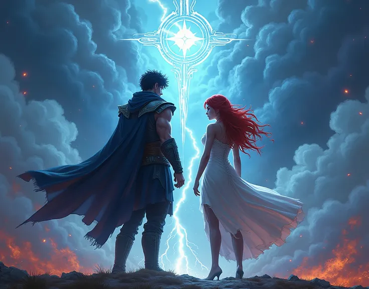 a 25 year old, handsome man, tall, muscular figure with dark hair and glowing blue eyes, wearing his battle-worn Windrunner uniform, surrounded by stormlight as he faces the oncoming storm with determination. Beside him, a 18 year old, beautiful woman stan...