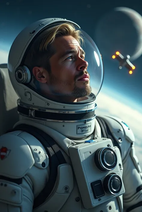 " Brad Pitt in an elegant spacesuit , floating in the vastness of space .  His blond hair can be seen through his helmet ,  and his face reflects a look of admiration and determination .  He is surrounded by a starry sky with planets and cosmic clouds in t...