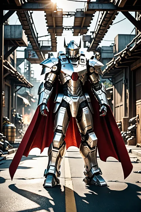  Masterpiece 、 top quality 、 cinematic film stills 、 realistic 、 yag、solo、白いMechaロボット、Cape、 sci-fi 、Tattered clothes、Illumination、 standing、Robot Joints、Mecha、Armor、 cowboy shot、(浮かんでいるCape)、Intense sunlight、 Silver Dragonborn 、Outdoor、 Scenery、Natural hig...