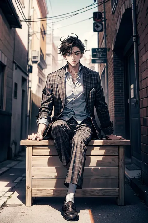 Full-body view, a man sitting on a wooden box, 8K resolution, high detail, around 20 years old, (one male:1.5), bored expression, black hair, slightly long hair:1.5, messy hair, drooping eyebrows, downturned eyes, pitch-black eyes, chic outfit, checkered j...