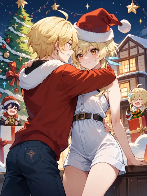 Lumine and Aether, two characters from Genshin Impact wearing a Christmas hat, both have him celebrating Christmas, Aether es hombre y Lumine es mujer, los dos son amigos