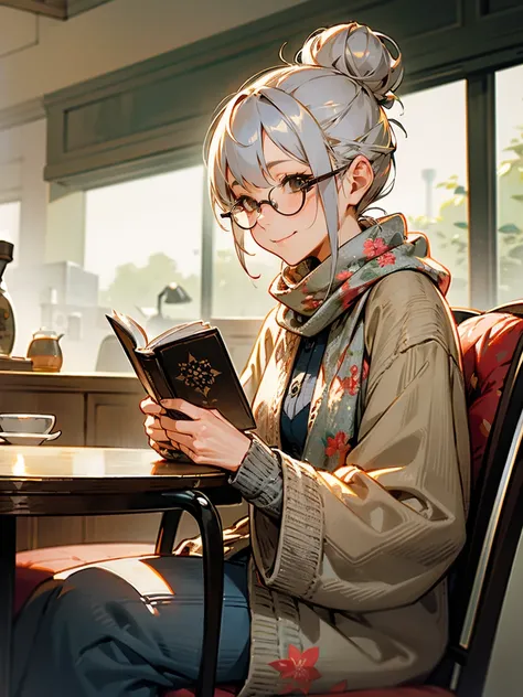 An elderly woman with gray hair pulled into a neat bun, wearing a long cardigan and floral-patterned scarf. She’s sitting at a café, enjoying a cup of tea with a book open in front of her, her glasses perched on the edge of her nose as she reads with a con...