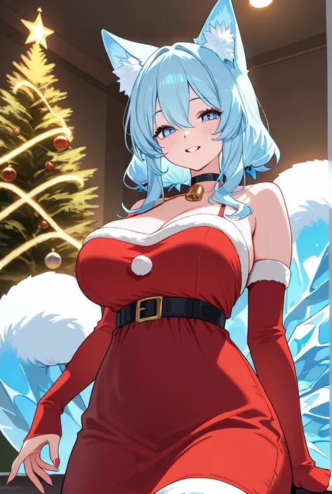 Waifu ice cat, monster girl, With ears and ice tail, adult, With Christmas  dress,