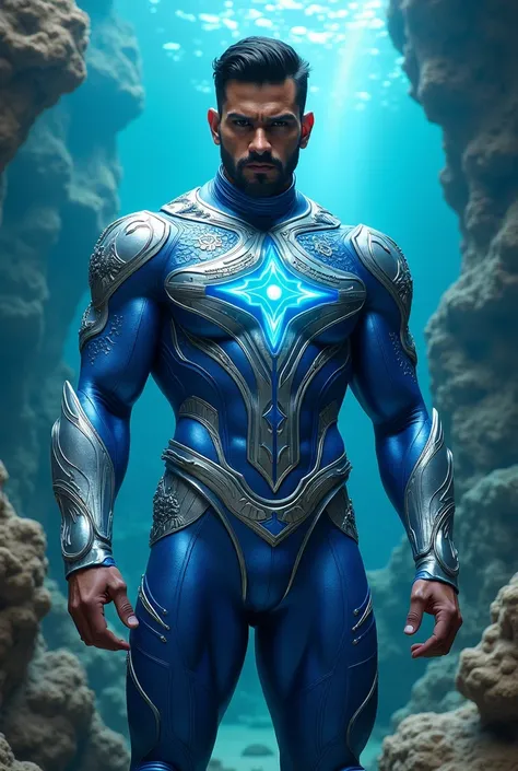  Atlantean Male, Race Indian, Blue Superhero suit, silver Armor, Spell writing on Suit