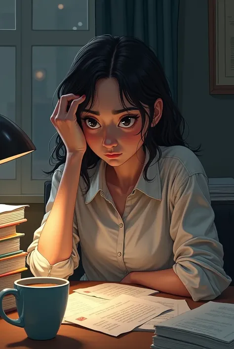 A girl is studying with tension due to a lot of assignment. Her mood is tension. Lots of books on the table .  On the table is a cup of coffee .  A warm, dark light.