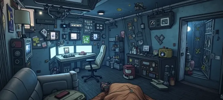 A large bunker room is an inventors workshop. Sci-fi - Streampunk theme with warm colors and realistic images. The room looks old and full of gadgets. It is dark and cluttered. There is a table and a chair against the wall in the center of the image and in...