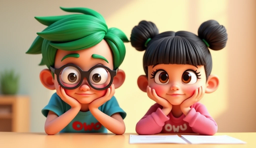 A close-up of Owo and Uwu, both leaning on a smooth, pastel-colored table with their chins resting on their palms, supported by both hands. Their curious and thoughtful expressions are captured in vivid detail.

Owo: An  cute and nerdy boy with bright gree...