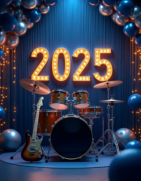 Professional photo of a beautiful cinematic 2025 number of new year, scenario with no people only musical instruments like drums, piano and guitar, at a beautiful commemorative new year scenario, lights, some silver balloons and some vivid darkblue balloon...