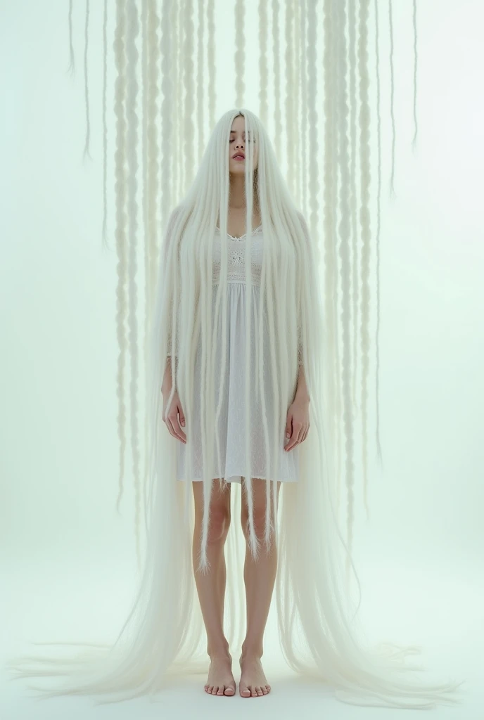 White background with a girl like Rosalia standing on her back with long hair with lots of white braids hanging on the ceiling that you cant see the face that is on her back 