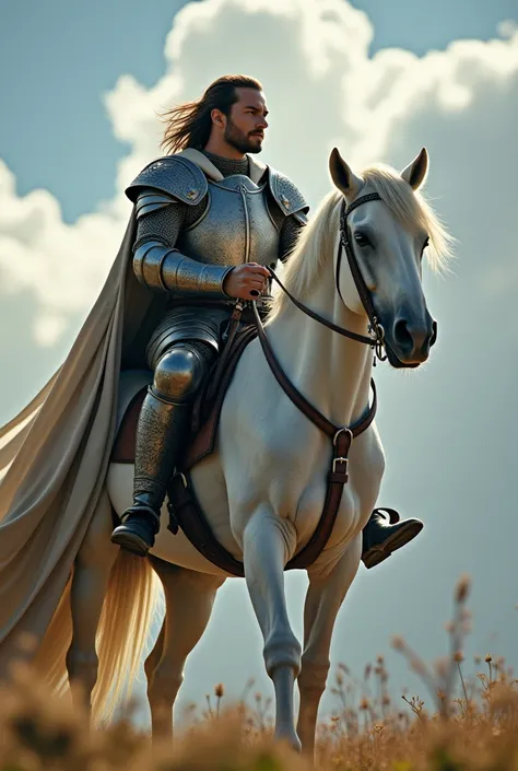 Muscular Knight , handsome Henry Cavill style  , long hair in the wind 30 year old on a white horse