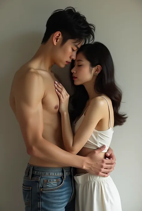 A captivating image of a good-looking Korean couple sharing an intimate moment. The man, clad in denim jeans, stands confidently, facing the viewer. The woman, her skin glistening with a subtle sheen, embraces him from behind. She wears minimal clothing, h...