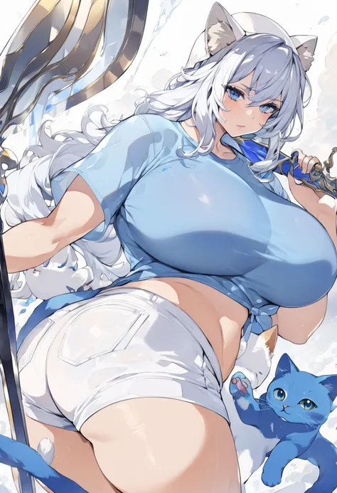 a half-human woman and cat with blue fur, big breasts, big ass, wearing a white cap, a transparent blue shirt, short white shorts, a sword in her right hand, high definition 8k