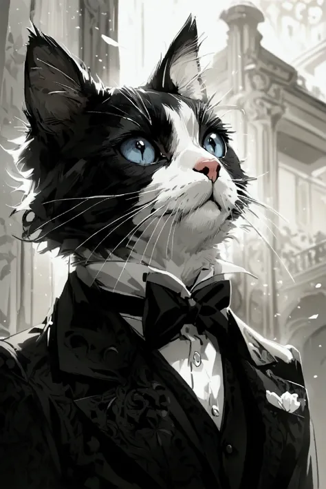 Black and white cat in suit