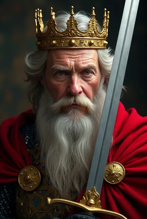  best quality ,  masterpiece ,  ultra high resolution , 40 years, real, 1 man,  medium blond hair half gray , big beard, espada de king em sua mão, armadura de king de cores pretas e detalhes dourados, red cape,  golden eyes, Gold Crown, king, realistic 