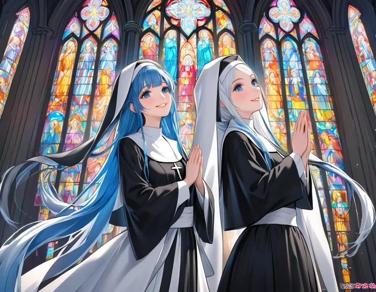  A church with a shining statue of Mary in the center、An aura shines from Mary 、Long thin blue hair 、  The nuns have twin tail hairstyles 、smile、 Nuns dressed in black and white  、  closeup   、   Bright church with beautiful stained glass 、  Nuns pray 