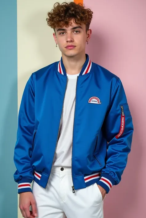 arafed photo of a young man in a blue jacket and white pants, a picture inspired by Caspar Wolf, shutterstock, pop art, joel fletcher, jamie coreth, justin bieber, he has short curly brown hair, ((at the  choice awards)), taken in the early 2020s, taken in...