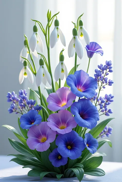 i wanted 1 snowdrop flowers 2  violet flowers, and then 1 morning glory flowers, i want them to all be connected and flow evenly into eachother