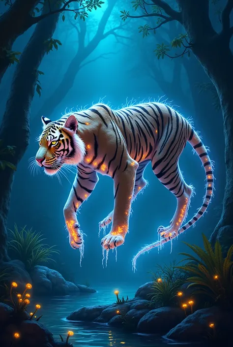 Hybrid Description:
Combine the [graceful yet fierce hunting prowess] of a tiger with the [bioluminescent, gelatinous body] of a jellyfish. The result is a creature with glowing stripes and tentacle-like appendages that pulse with light, camouflaging it in...