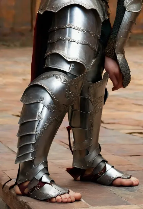 An  boy in armor without a helmet showing the soles of his beautiful feet