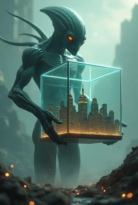 An alien holding New York City with his hands inside a glass box 