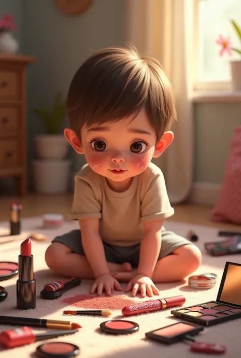 A small boy playing with makeup things