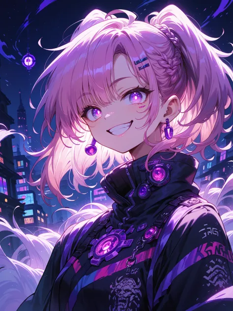  detailed background, masterpiece,  top quality , smile, Decoration, yag, Neon Pink, night, bright eyes,  purple light 