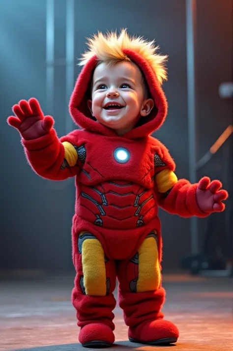 "A toddler smiling face fair skined like dool face girl   wearing a fluffy iron man costume, with a bushy top and stem-like legs. He is waving to the audience with a big grin as he walks on the stage."