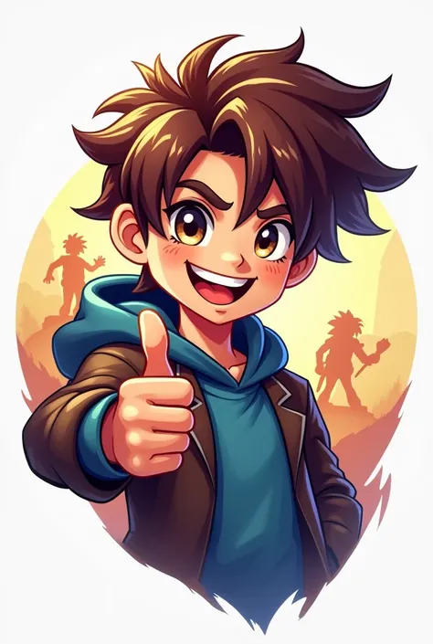 Create me a logo of a brown gamer boy with a thumb up and who behind it is the same one in the shape of a silhouette 